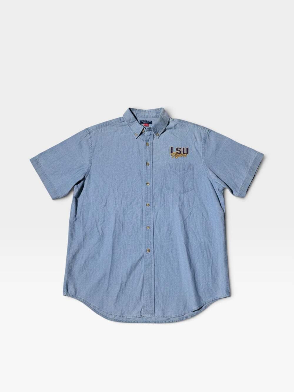 Puritan LSU Tigers Short Sleeve Denim Button Down Shirt Men XL
